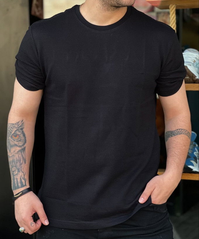 تیشرت یقه گرد بافت حصیری پارچه اعلا درجه یک نیم لش|مشکی