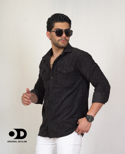پیراهن مخمل کبریتی مشکی مردانه دو جیب ـ پارچه پنبه اعلا