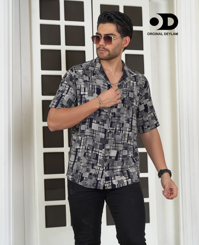 پیراهن نخی هاوایی فوقالعاده خنک پارچه هندی طرح هندسی آرت دکو | قواره لش آستین سه ربع کد ۳