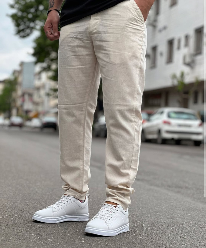 شلوار مام فیت کنفی لینن مردانه رنگ کرم استایل اولد مانی | فوقالعاده سبک و خنک