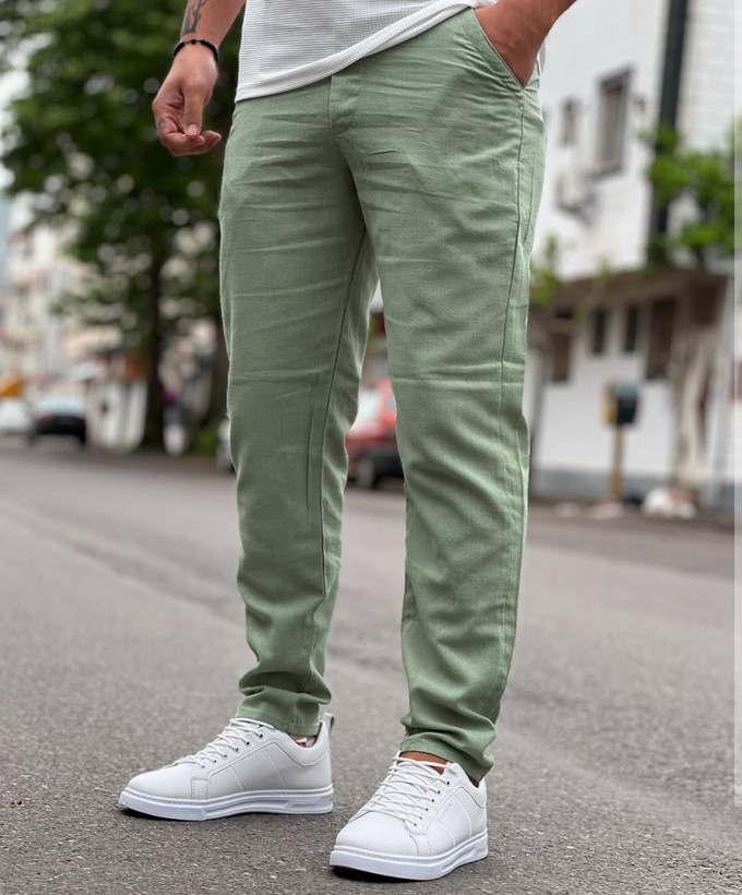 شلوار مام فیت کنفی لینن مردانه سبز سدری استایل اولد مانی | فوقالعاده سبک و خنک