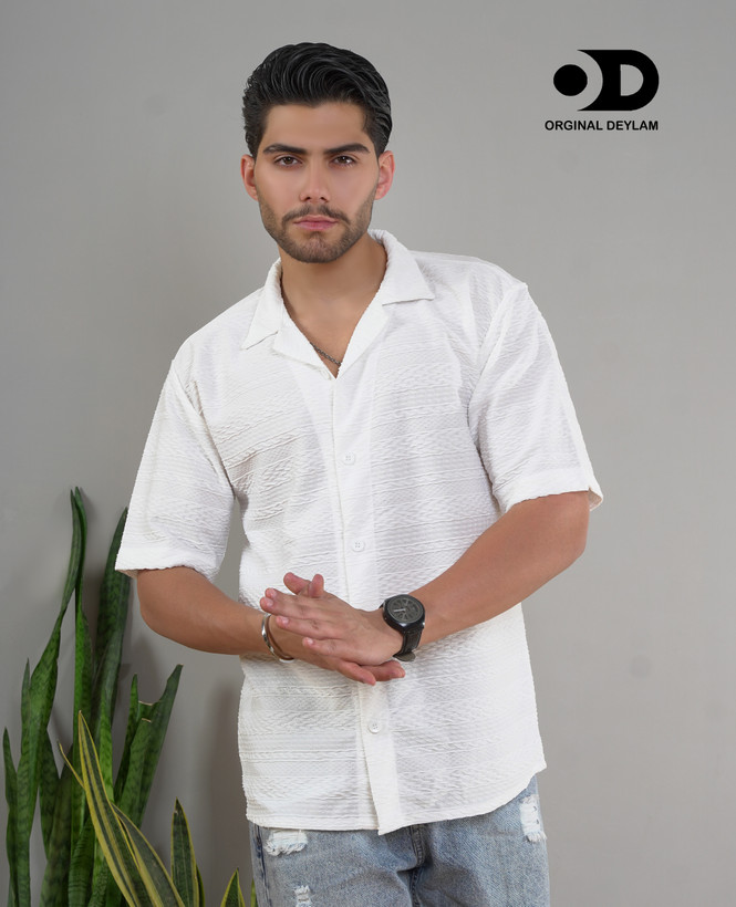 پیراهن لش یقه انگلیسی سفید مردانه | استایل اولد مانی تابستانی
