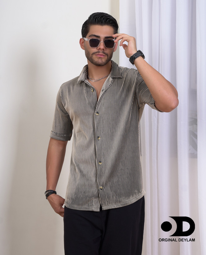 پیراهن لش باکسی مردانه یقه انگلیسی وارداتی | پارچه کرکره ای اعلا رنگ کرم قهوه ای