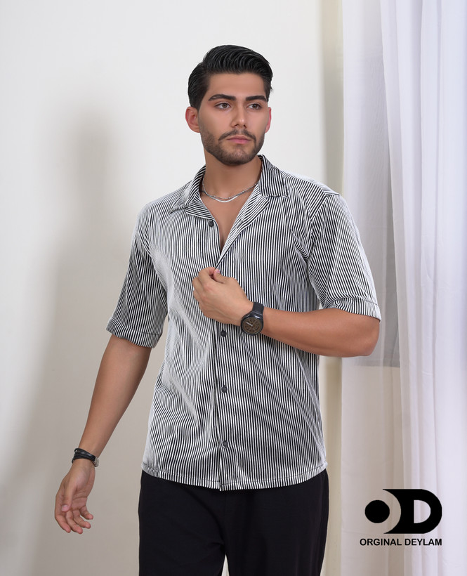 پیراهن لش باکسی مردانه یقه انگلیسی وارداتی | پارچه میله ای سفید