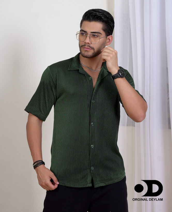 پیراهن لش باکسی مردانه یقه انگلیسی وارداتی | پارچه میله ای سبز لجنی