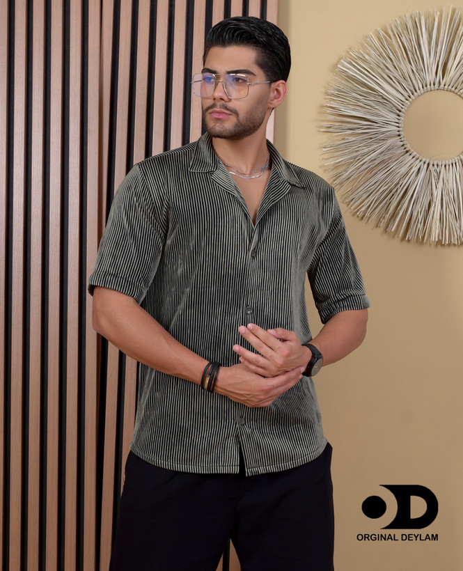 پیراهن لش باکسی مردانه یقه انگلیسی وارداتی | پارچه میله ای رنگ موکا