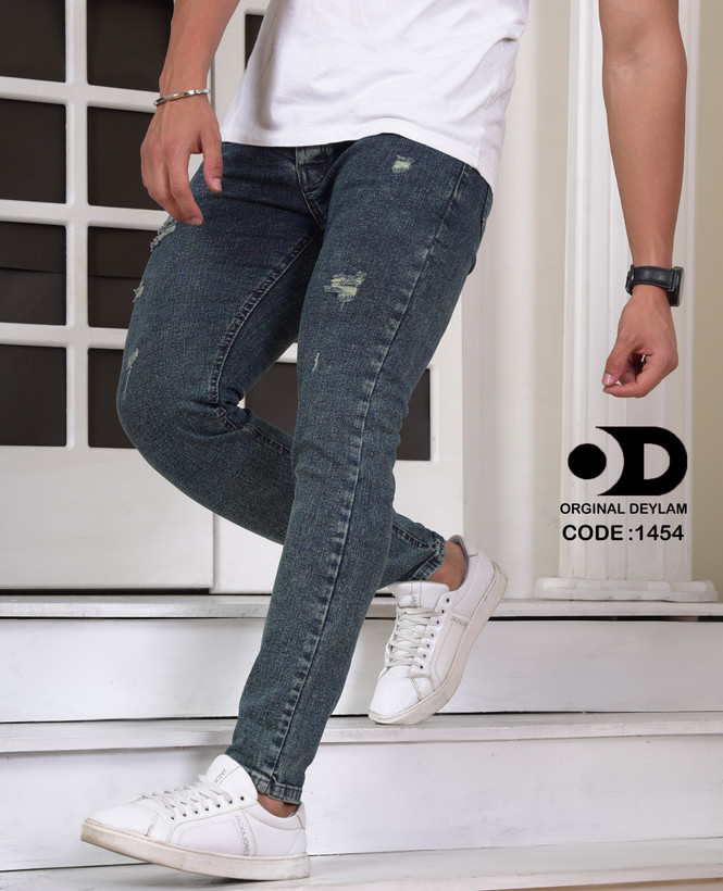 شلوار جین اسکینی رنگ خاص سبز سرمه ای مردانه فول کش کد 1454