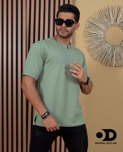 تیشرت یقه کوبایی سبز پنتون پارچه وارداتی ترک