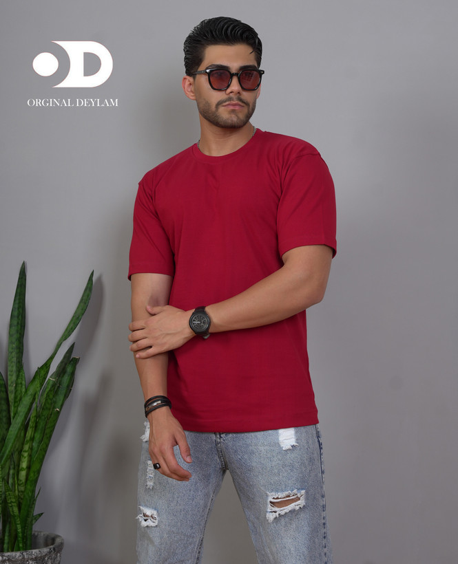 تیشرت بیسیک آستین سه ربع پارچه پنبه ماکان گرم بالا رنگ زرشکی