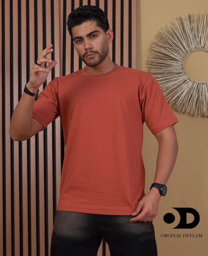 تیشرت بیسیک آستین سه ربع پارچه پنبه ماکان گرم بالا رنگ آجری
