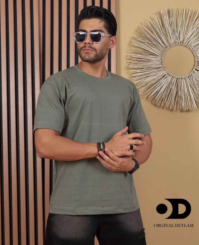 تیشرت بیسیک آستین سه ربع پارچه پنبه ماکان گرم بالا سبز زیتونی