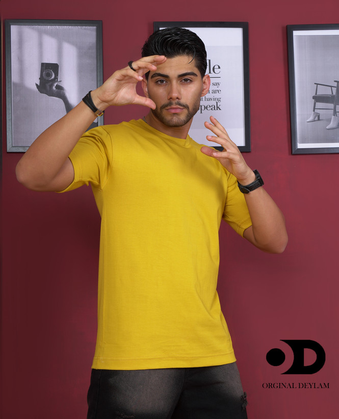 تیشرت بیسیک آستین سه ربع پارچه پنبه ماکان گرم بالا زرد خردلی