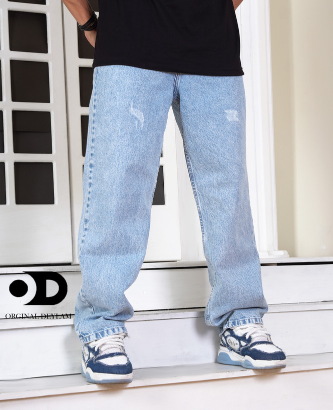 شلوار بگ مردانه یخی روشن سنگشور پارچه جین درجه یک