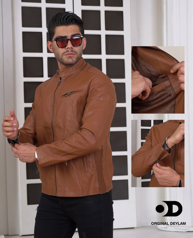 کت چرم کاراملی یقه گرد | کیفیت و قیمت استثنایی کد ۲