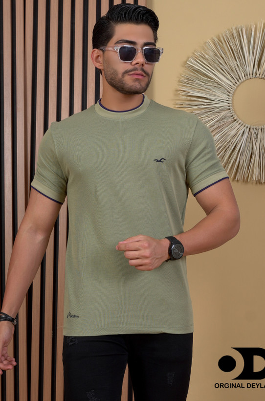 تیشرت مردانه سبز زیتونی پارچه نخ پنبه تایلندی کبریتی ریز تابستانه