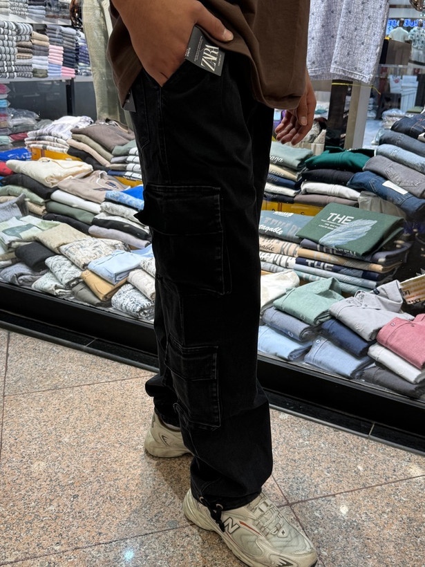 شلوار کارگو ذغالی مردانه پارچه جین 7 جیب