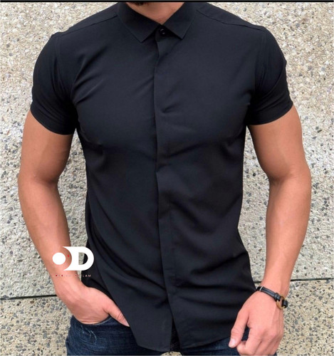 پیراهن مشکی آستین کوتاه مردانه ساتن کش کد ۲۶۸۸