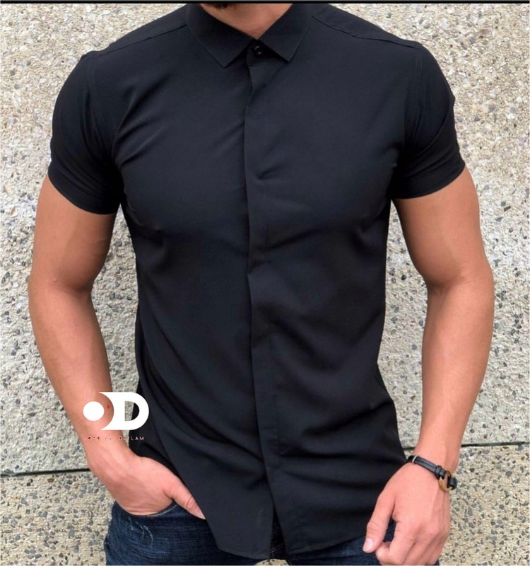 پیراهن مشکی آستین کوتاه مردانه ساتن کش کد ۲۶۸۸