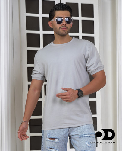 تیشرت بیسیک ساده مردانه طوسی روشن پنبه دو رو اسلیم فیت