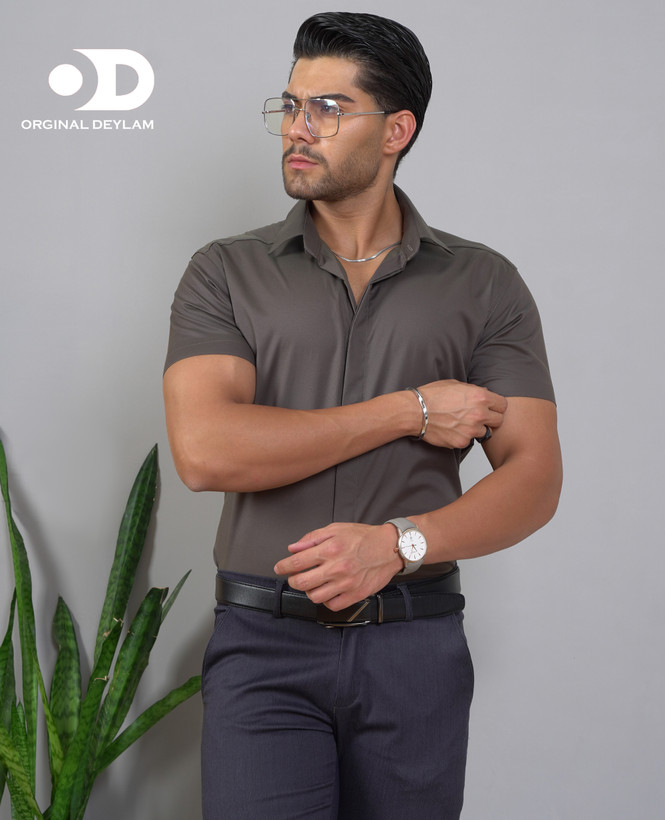 پیراهن سبز سدری آستین کوتاه مردانه ساتن کش کد ۲۶۸۹