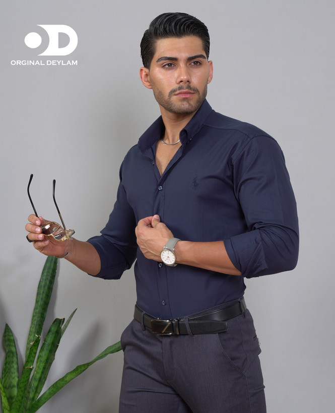 پیراهن سورمه ای ساده مردانه نخی پولو پارچه شانلی کیفیت بالا | سایزبندی کامل