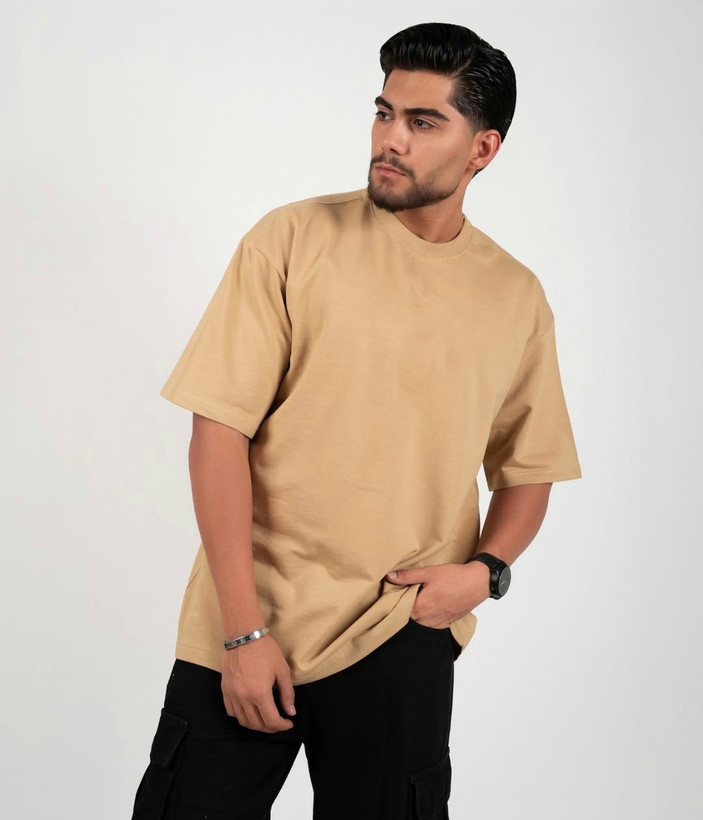 تیشرت باکسی رنگ کرم/بژ روشن مینیمال | پارچه گرم بالا ماکان پنبه