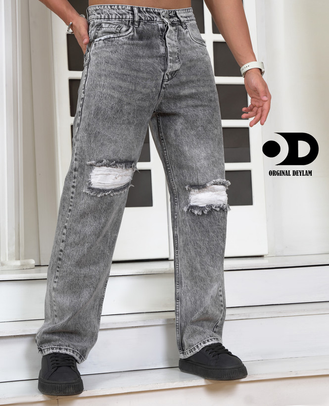 شلوار بگ طوسی مردانه با زاپ کاستوم دیزاین | نمادی از استایل استریت ویر معاصر