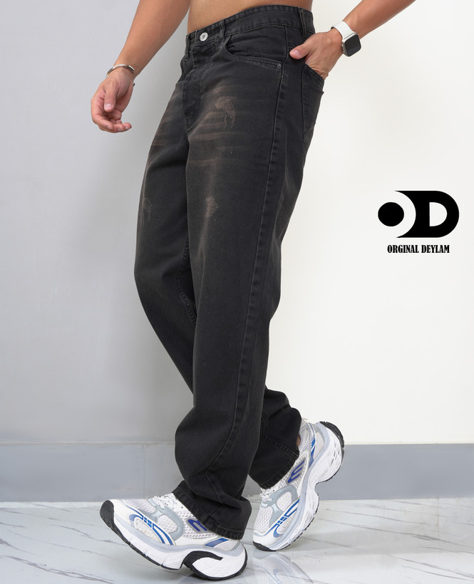 شلوار بگ ذغالی قهوهای مردانه 🔥 ذغالی عمیق ☕ رگههای قهوهای 🎨 شست هنرمندانه