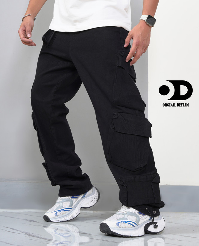 شلوار اسلش بگ کارگو مشکی فول بگ مردانه پارچه جین کیفیت عالی | ۹ جیب