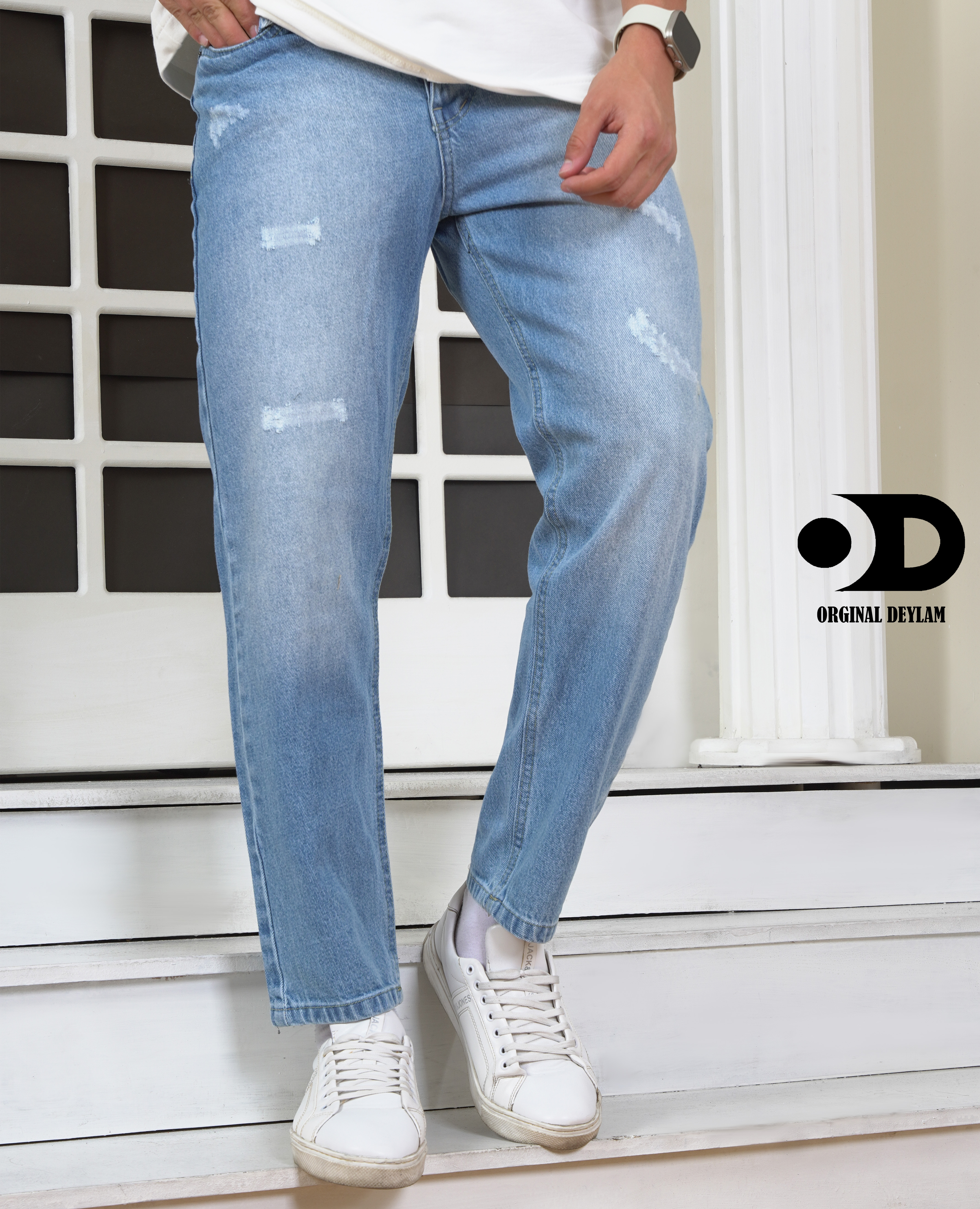 شلوار بوی فرند یخی مردانه پارچه جین کجراه اعلا کد RS1