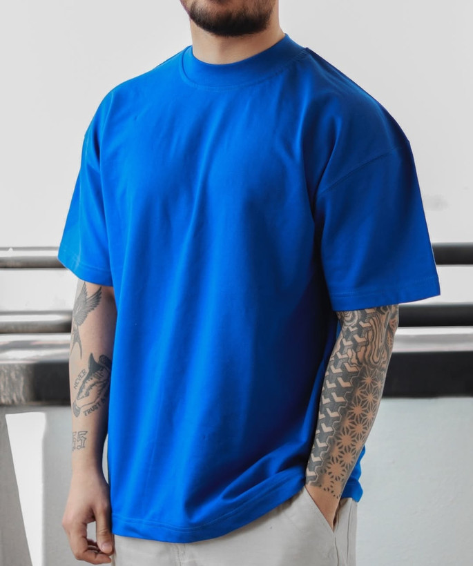 تیشرت آبی ایتالیایی مردانه استایل لش باکسی | پارچه ماکان گرم بالا بسیار جذاب