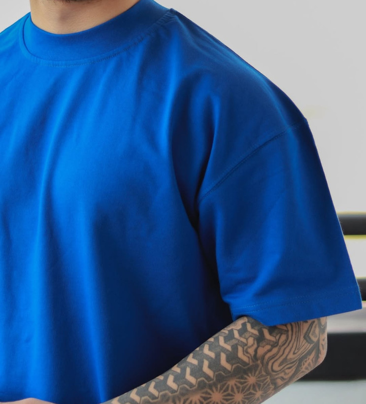 تیشرت آبی ایتالیایی مردانه استایل لش باکسی | پارچه ماکان گرم بالا بسیار جذاب