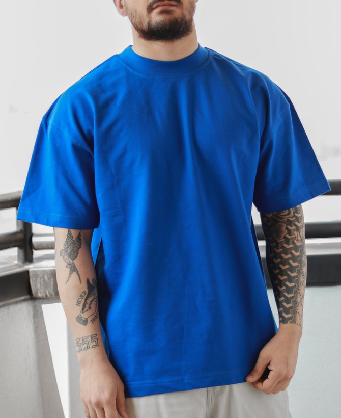 تیشرت آبی ایتالیایی مردانه استایل لش باکسی | پارچه ماکان گرم بالا بسیار جذاب