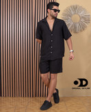 ست روهمی پیراهن شلوارک مشکی مردانه پارچه کراش | استایل لش اولد مانی