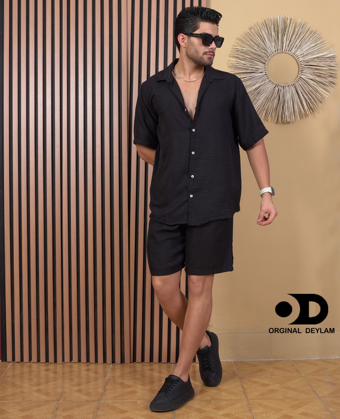 ست روهمی پیراهن شلوارک مشکی مردانه پارچه کراش | استایل لش اولد مانی