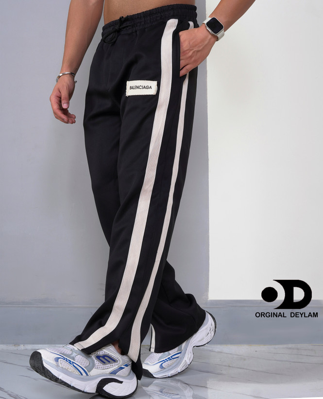 شلوار اسلش نیم بگ مشکی مردانه با نوار سفید کنفی بلنسیاگا | پارچه غواصی گرماژ بالا