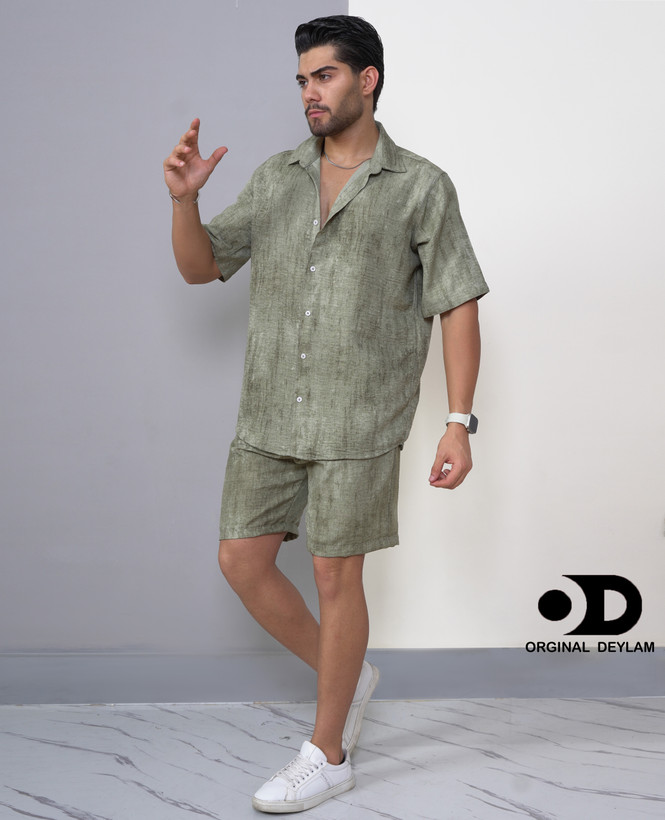 ست بلوز شلوارک سبز پاستیلی مردانه پارچه کراش | استایل لش اولد مانی