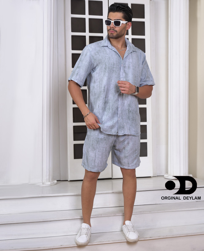 ست روهمی پیراهن انگلیسی با شلوارک آبی مازراتی مردانه پارچه کراش کد ۲