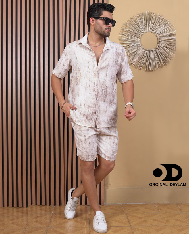 ست روهمی پیراهن انگلیسی با شلوارک موکا قهوه ای مردانه پارچه کراش