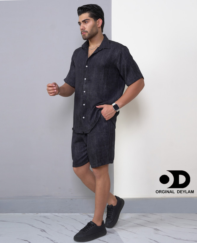 ست روهمی پیراهن انگلیسی با شلوارک ذغالی مردانه پارچه کراش کد ۲