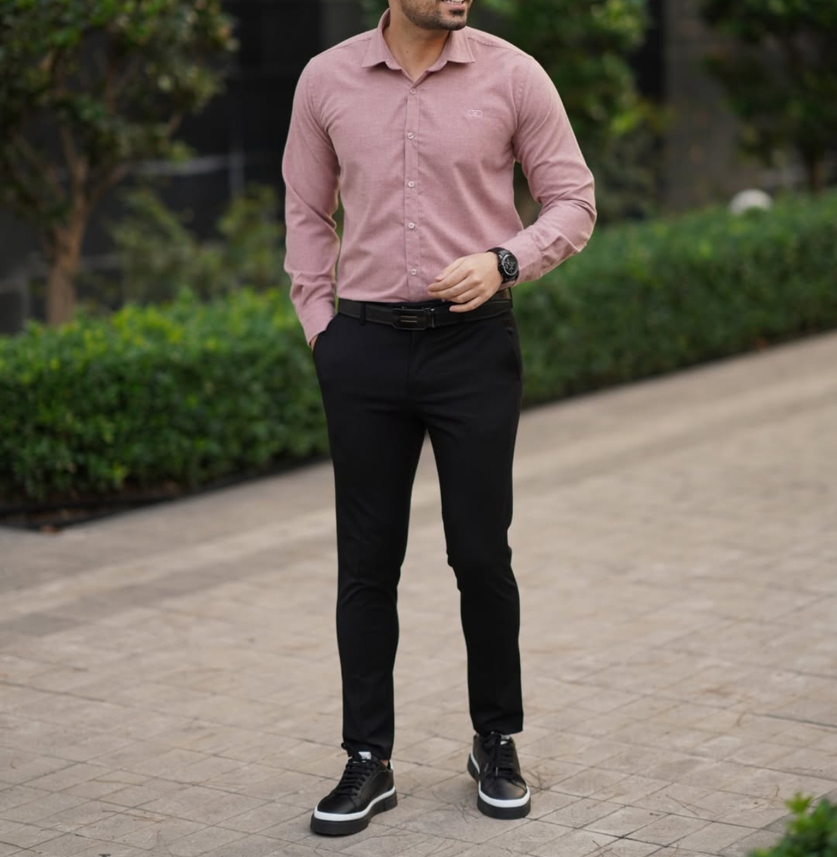 پیراهن صورتی کالباسی مردانه نخی پولو پارچه شانلی کیفیت بالا