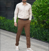 پیراهن آستین بلند کرم استخونی مردانه پارچه ساتن کش شبرو پنبه | کپ اسلیم فیت