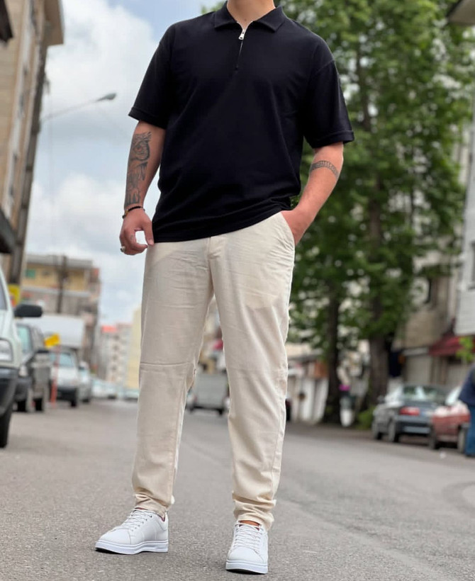 شلوار کنفی مردانه رنگ کرم استخونی پارچه لینن قد کار - کپ مام فیت