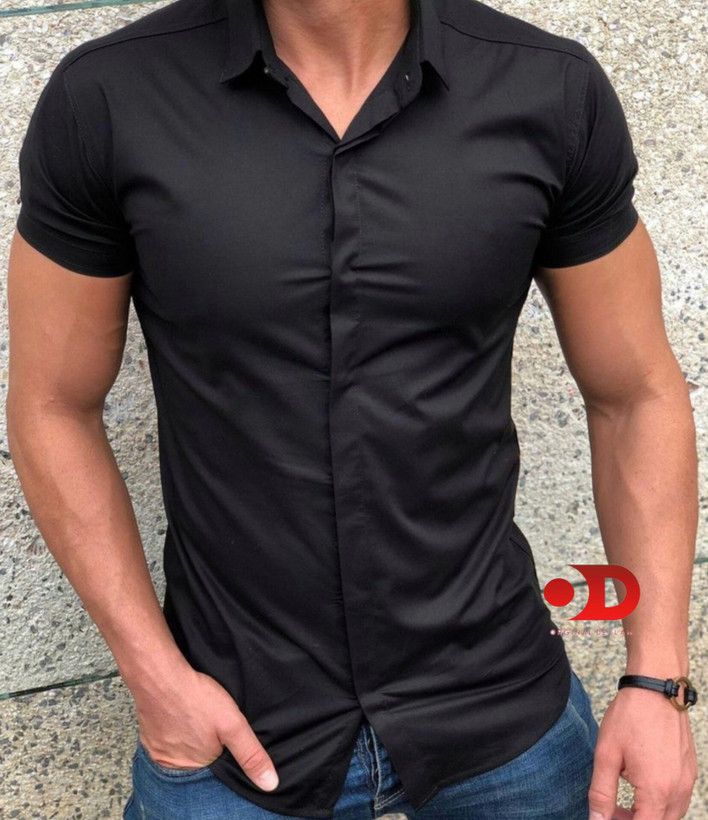 پیراهن آستین کوتاه مشکی مردانه پارچه ساتن کش پنبه کد TB2024h