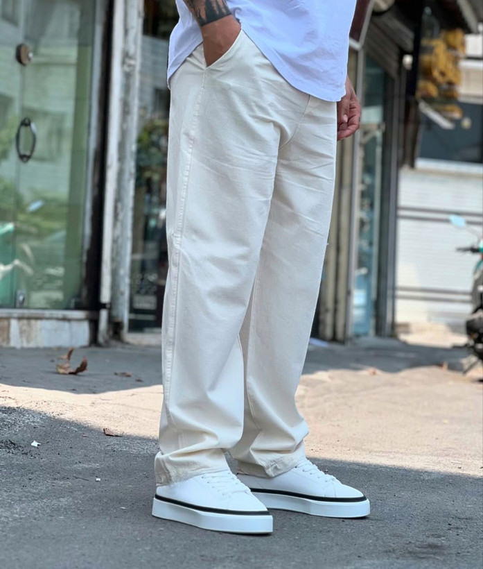 شلوار لینن کنفی مردانه رنگ کرم روشن | مام فیت