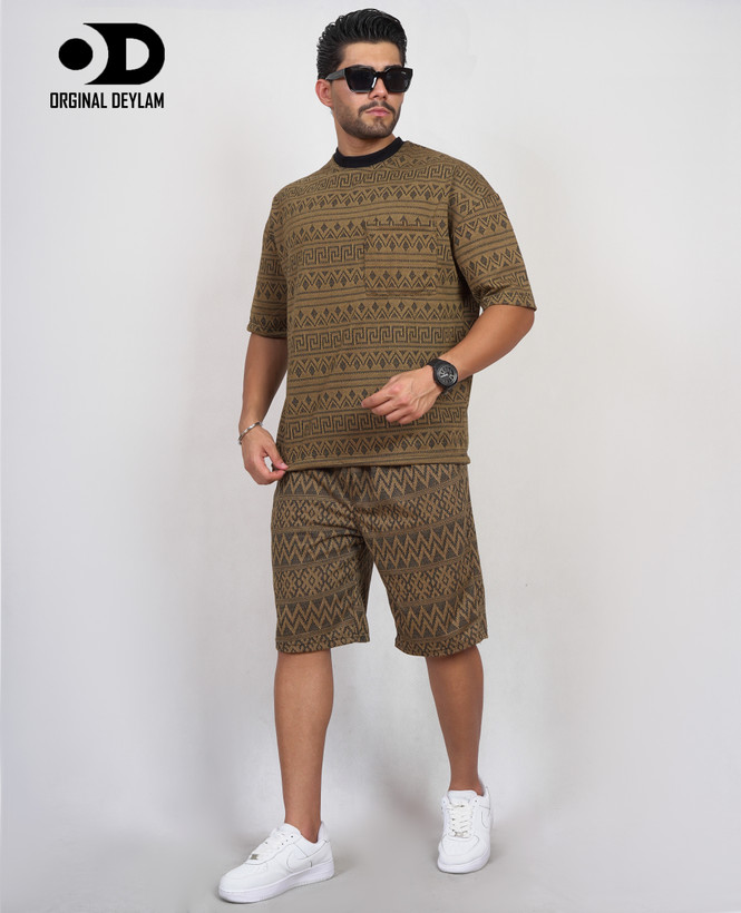 ست تیشرت و شلوارک مردانه طرح اتنیک قهوهای | پارچه کنفی لاکچری