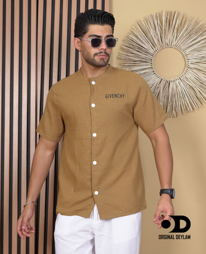 پیراهن آستین کوتاه مردانه | موکا قهوه ای خاص لاکچری GIVENCHY طراحی مینیمال دکمهدار شیک