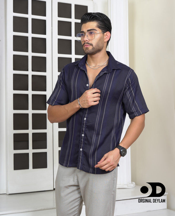 پیراهن کنف لینن راه راه سرمه ای اورجینال دیلم