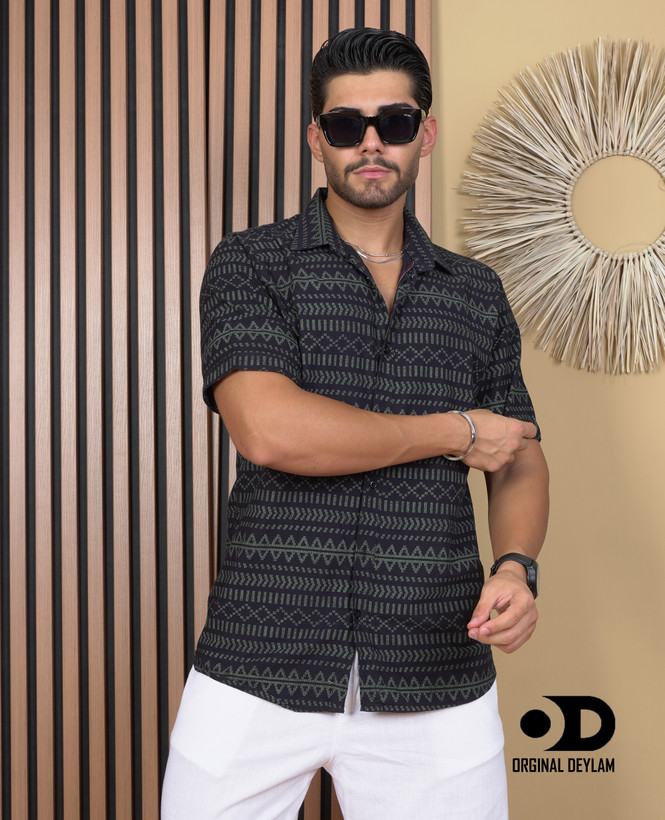 پیراهن لینن پارچه کنف طبیعی باکسی سبز اور سایز🎨 طرح هندسی اصیل - اتنیک مردانه کد3