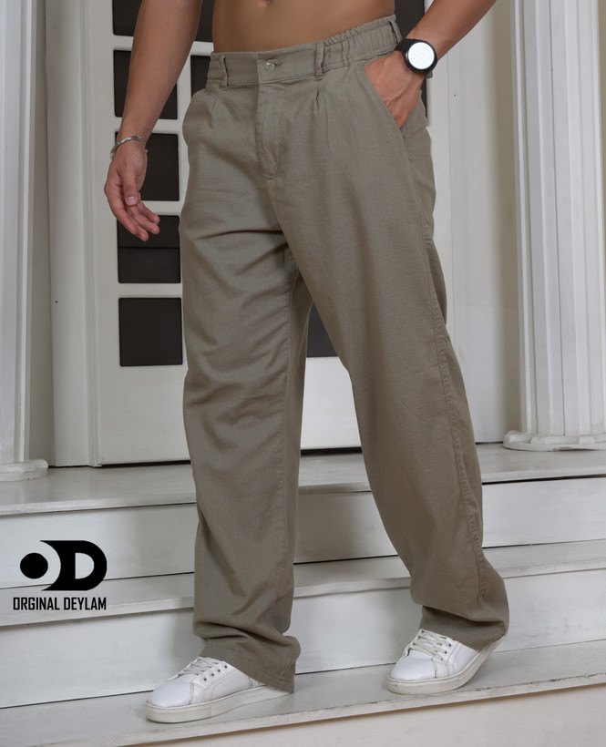 شلوار لینن رنگ خاکی شیک فول بگ مردانه | کیفیت استثنایی قد ۱۱۰ سانت